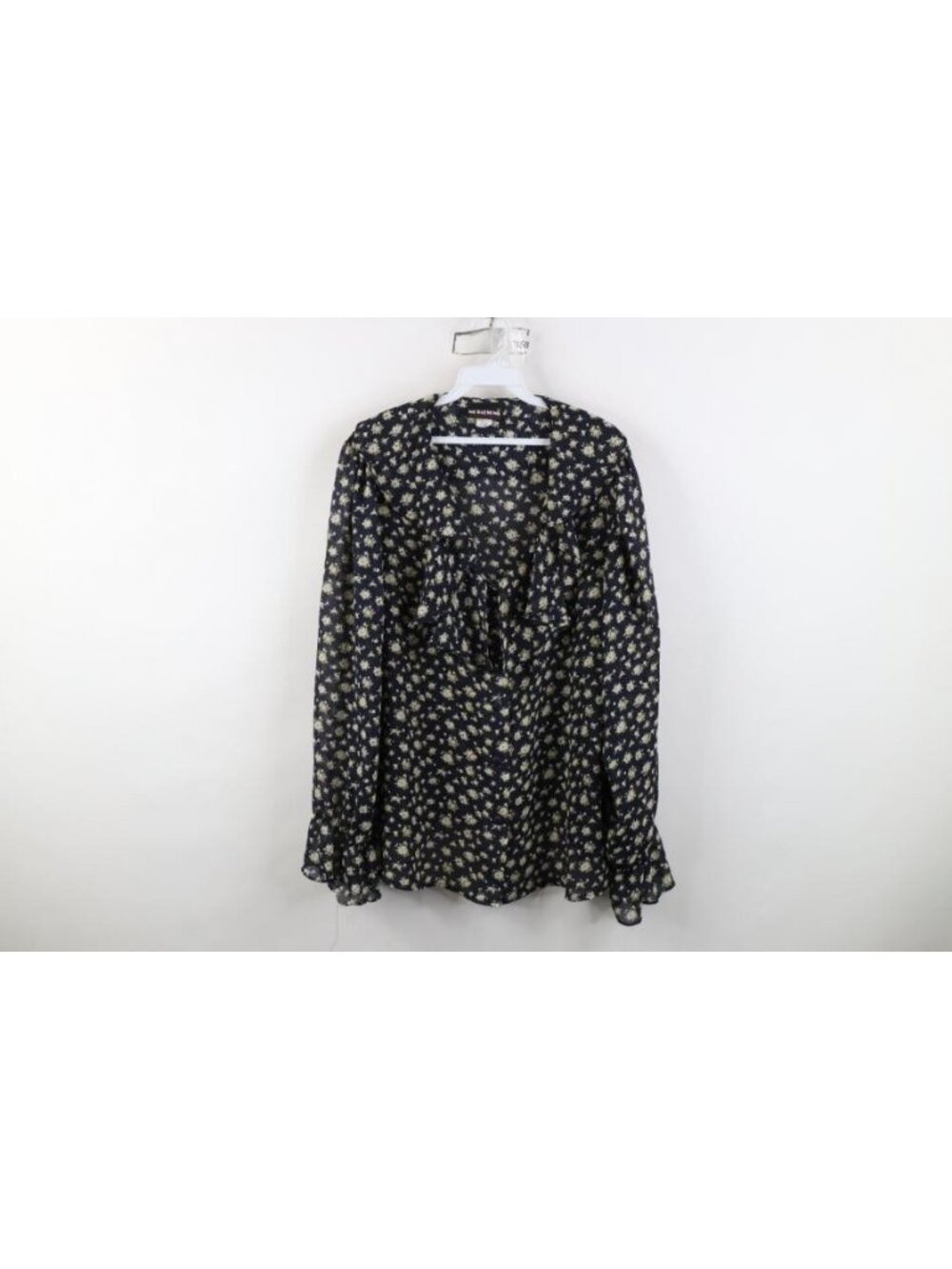 Vintage 90s Babydoll Fairy Ruffled Button Shirt Womens Size L Blue Flower USA